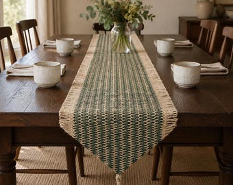 Green Woven Table Runner, Rustic Jute Look Tassel Runner, Boho Farmhouse Dining Table Decor, Nordic Dresser Scarf, Tea Table Decor