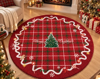 May include: A round red and green plaid rug featuring a central green Christmas tree graphic with the text Merry Christmas. The border is decorated with a white wavy line, gingerbread figures, snowflakes, and candy cane motifs.