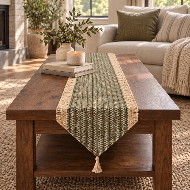 May include: A rectangular table runner featuring a central panel of woven green and white textured fabric, bordered by natural tan jute-like material on both sides. The runner ends in a pointed tip finished with a single small cream-colored tassel.