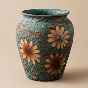 May include: A textured vase with a teal and copper-toned finish featuring three embossed daisy-like flower motifs. The vessel has a wide, rounded body that tapers towards a flared rim, showcasing a rough, weathered surface texture throughout.