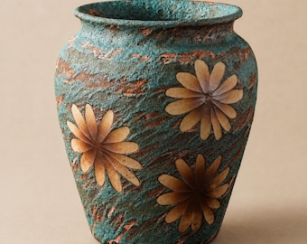 May include: A textured vase with a teal and copper-toned finish featuring three embossed daisy-like flower motifs. The vessel has a wide, rounded body that tapers toward a flared rim, showcasing a rough, weathered surface texture throughout.