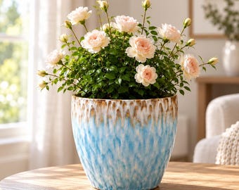 May include: A round ceramic planter featuring a reactive glaze with a white and brown drip pattern at the rim, transitioning into a mottled light blue and white body, containing a rose bush with pale pink blossoms and green leaves.