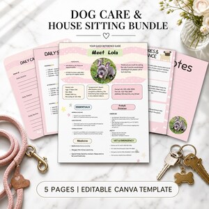 Puede incluir: Una plantilla de Canva Dog Care & House Sitting Bundle con cinco páginas en rosa y blanco que incluyen secciones para rutinas diarias, información de mascotas y contactos de emergencia. La página central muestra un bulldog francés.