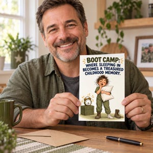 May include: A greetings card featuring a cartoon illustration of a person in olive green military-style clothing holding a white pillow. The text reads: BOOT CAMP: WHERE SLEEPING IN BECOMES A TREASURED CHILDHOOD MEMORY. An alarm clock sits on a green crate.