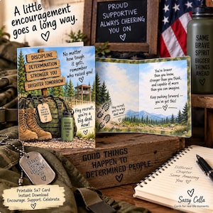 May include: A greeting card featuring a wooden signpost with the words Discipline, Determination, Stronger You, Brighter Tomorrow, a military backpack, boots, and a water bottle. The card text includes motivational phrases and a heart symbol.