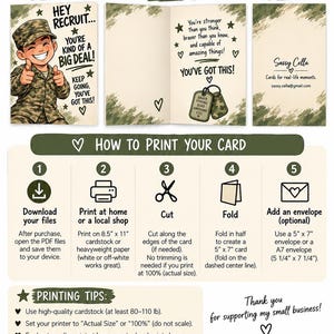 May include: A digital instruction sheet for a 5x7 greeting card featuring a camouflage border. It displays the card's front, inside, and back designs, alongside a five-step printing guide and tips for using 8.5x11 inch cardstock paper.