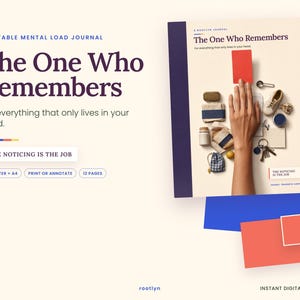 以下が含まれることがあります： 「The One Who Remembers」というタイトルの印刷可能なメンタルロードジャーナル。表紙には、鍵、靴、ボトルなどの日用品に囲まれて赤いカードを持つ手が描かれており、「The Noticing Is The Job」というテキストが記載されています。