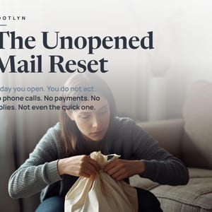 Może przedstawiać: Beżowy woreczek z tkaniny ze sznurkiem, trzymany przez osobę w szarym swetrze z długim rękawem. Obraz zawiera tekst: ROOTLYN The Unopened Mail Reset. Today you open. You do not act. No phone calls. No payments. No replies. Not even the quick one.