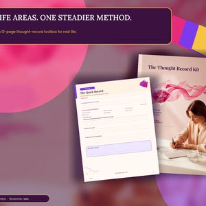 Puede incluir: Una caja de herramientas de 12 páginas titulada The Thought Record Kit, que incluye una hoja de trabajo Quick Record con secciones rayadas para registrar pensamientos y emociones, junto a una portada con el texto SIX LIFE AREAS. ONE STEADIER METHOD.