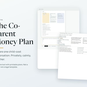 Könnte beinhalten: Ein digitales Dokument mit dem Titel The Co-Parent Money Plan von Rootlyn, das ein strukturiertes Layout mit Textfeldern, Kontrollkästchen und Spalten zur Organisation von kindbezogenen Ausgaben auf einem weißen Hintergrund zeigt.