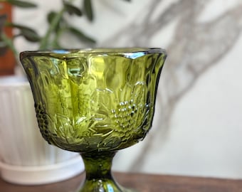 Vintage Indiana Glass Green Fruit Pattern Pedestal Bowl Grapes Leaf Pressed avocado green