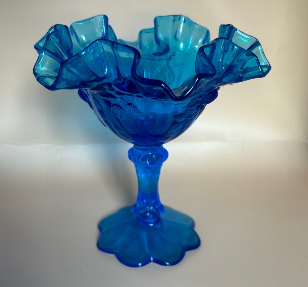 Vintage Fenton Electric Blue Ruffled Candy Dish Raised Compote 1968