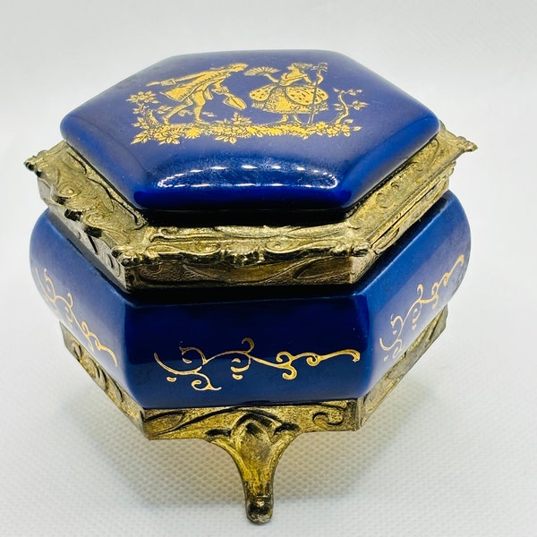 Vintage Limoges Music Box Cobalt Blue Enamel Footed Jar w/ Lid 2.5”