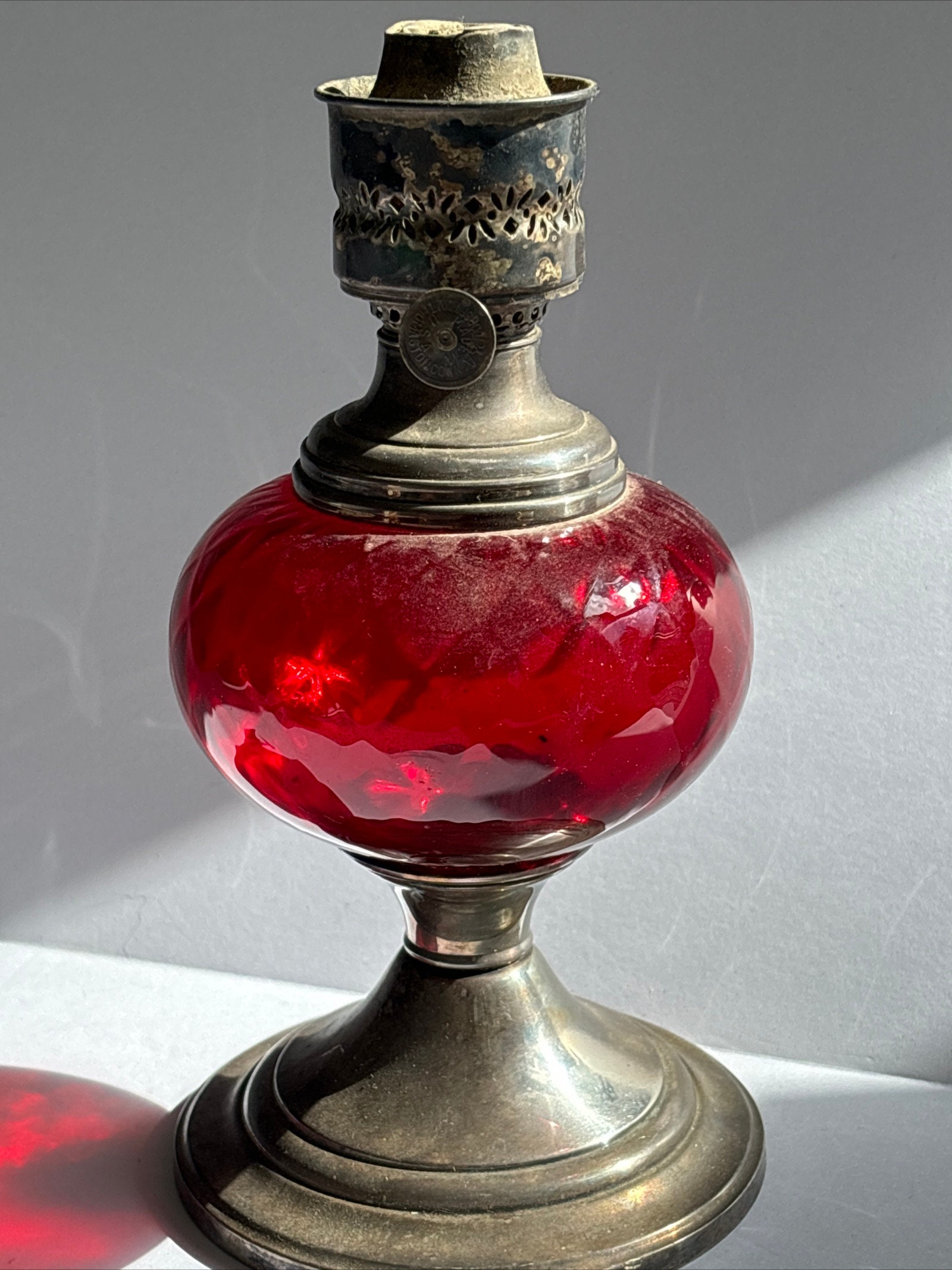 Antique Gorham Art Deco Ruby Red Glass Oil Lamp Silver Plate