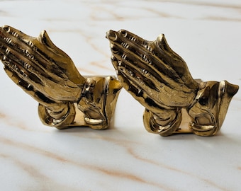 Vintage goudmessing boekensteunen biddende handen - decoratie religieuze bibliotheek halverwege de eeuw