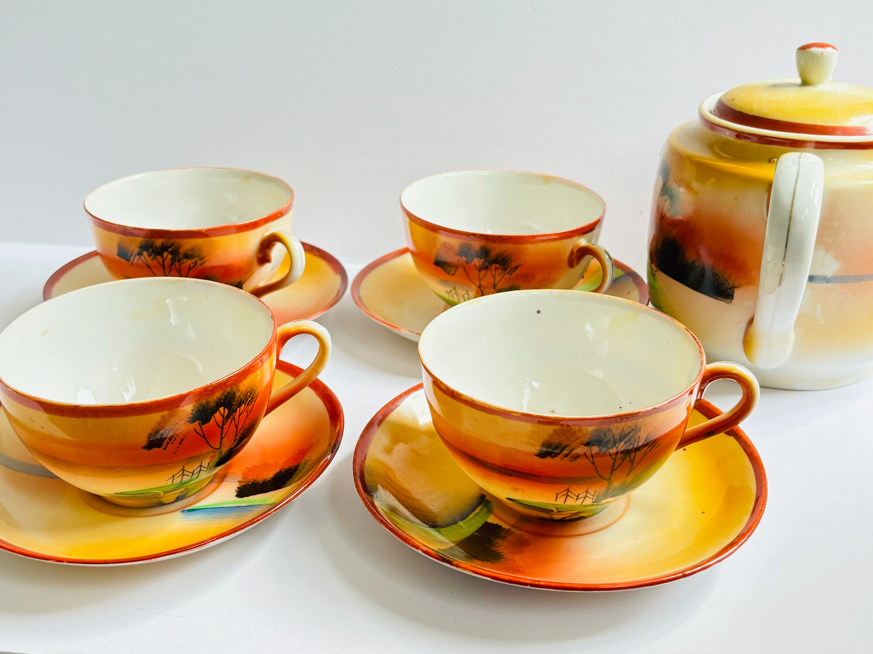 Hand Painted Japanese Bone China Tea Set, Sunset Landscape - Etsy