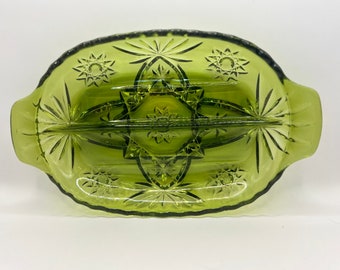 Vintage Anchor Hocking Glass Avocado Green Glass Dish Depressipn Cut Green Glass Beautiful Design 9.5” Glass Oblong Bowl