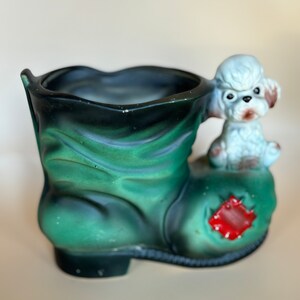 Vintage Anthropomorphic Poodle Planter, Green Patched Boot, Mid-Century Ceramic