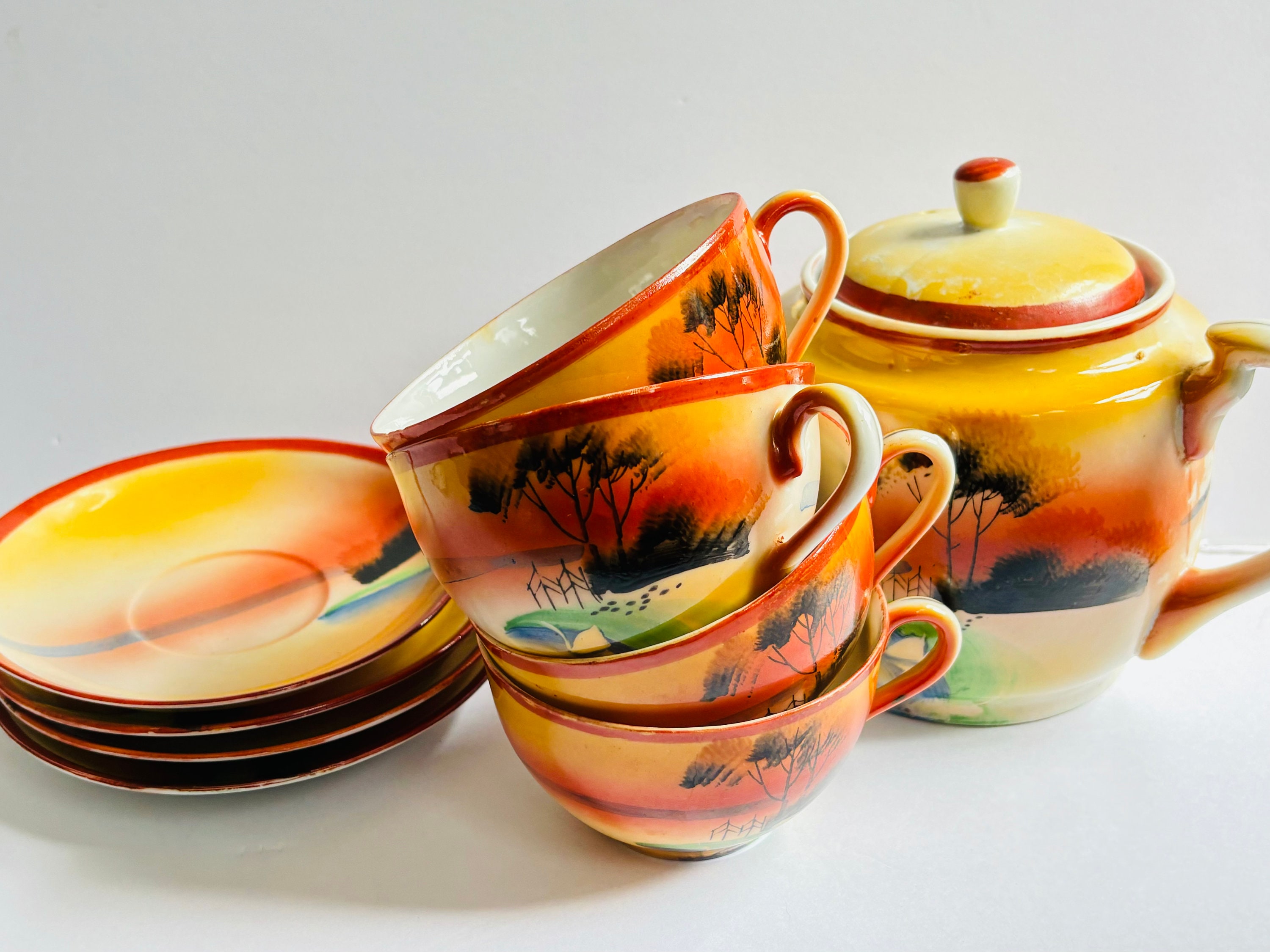 Hand Painted Japanese Bone China Tea Set, Sunset Landscape - Etsy