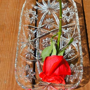 May include: A clear, rectangular glass dish with a starburst pattern holds a vibrant red rose. The dish's edges are scalloped, and the rose's green stem and leaves contrast with the red petals. The dish sits on a wooden surface.