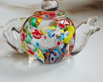VINTAGE Millefiori Murano glass Teapot Multi Color Glass Paperweight Figurine Decor 2.5" x 4"