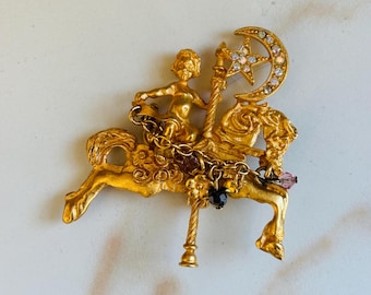 Kirks Folly Brooch, Carousel Horse, Moon, Star, Cherub, Gold, Signed, Vintage, Rhinestone