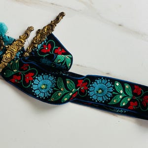 Vintage Needlepoint Bell Pull with Brass Fittings Black/Floral 100% Wool