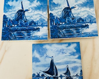 Ensemble de 3 carreaux de moulin à vent hollandais bleu de Delft vintage, art hollandais en céramique bleu blanc