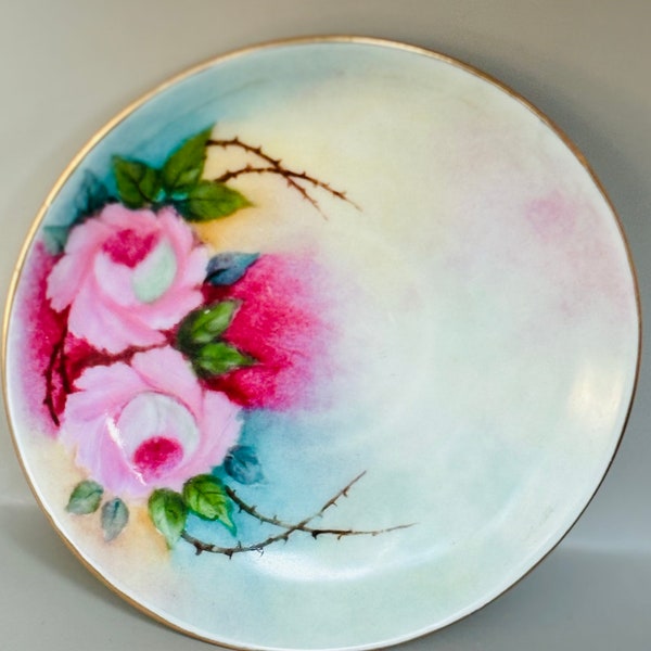 Antique Hand-Painted Signed Bavarian Rose Plate, Royal Vienna Painted Rose Plate