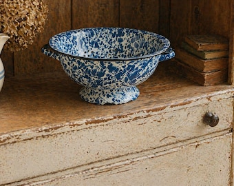 Vintage Blue Speckled Enamelware Colander Rustic Kitchen