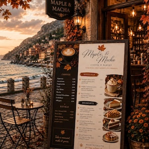 May include: A wooden A-frame menu board for Maple & Macha Coffee & Bakery, featuring a list of coffee, specials, and desserts with prices. The sign displays images of a latte, pumpkin spice latte, cheesecake, tart, cake, and cinnamon roll.