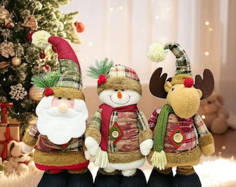 Ensemble de figurines de Noël à carreaux, peluche Père Noël, renne et bonhomme de neige à pattes rétractables, décoration de table rustique pour Noël