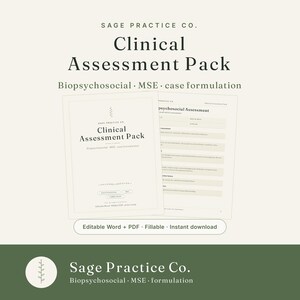 Puede incluir: Un conjunto de documentos Clinical Assessment Pack de Sage Practice Co. que incluye una página de título y un formulario Biopsychosocial Assessment. El texto incluye Biopsychosocial, MSE y case formulation. Diseño blanco roto con texto oscuro.