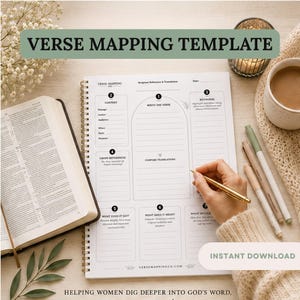 May include: A spiral-bound verse mapping template with sections for scripture reference, context, keywords, cross-references, and analysis. The white page features black text and lines, with a header reading VERSE MAPPING TEMPLATE.