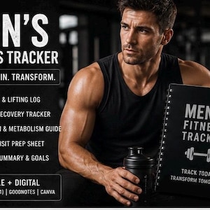 May include: A black spiral-bound fitness tracker notebook with the text MEN'S FITNESS TRACKER and a dumbbell icon on the cover. The cover also reads TRACK TODAY. TRANSFORM TOMORROW. It includes sections for strength, sleep, nutrition, and goals.