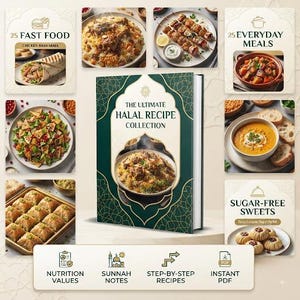 May include: A hardcover book titled The Ultimate Halal Recipe Collection with a dark green cover featuring gold geometric patterns. The book is surrounded by eight smaller square panels displaying various food dishes and recipe categories.