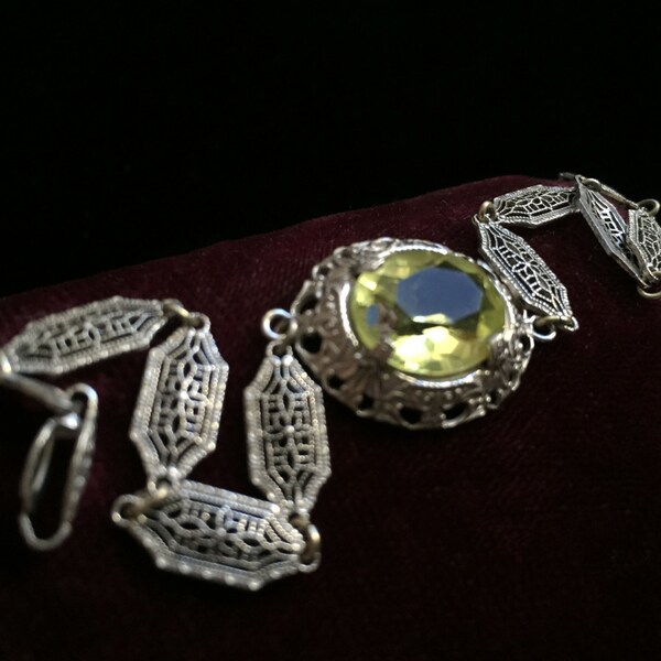 Sterling Filigree Bracelet Gemstone Silver Art Deco Jewelry  Citrine Yellow Stone Glass Vintage  Jewelry Swiss German