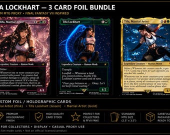 May include: A bundle of three custom foil trading cards featuring Tifa Lockhart from Final Fantasy VII. The cards include a pink-themed Tifa, Martial Artist, a green-themed Tifa Lockhart, and a gold-themed Tifa, Martial Artist, all with standard 2.5 by 3.5 inch dimensions.