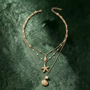 Layered Ocean Pendant Necklace, Starfish Shell Multi Strand Necklace, Beach Pearl Gold Neck Jewellery