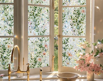 Floral Privacy Window Film, No Glue Static Cling, Rainbow Stained Glass Window Sticker, Removable Decorative Window Covering