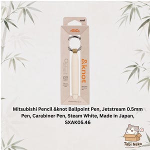 May include: A Mitsubishi Pencil &knot ballpoint pen in steam white, featuring a 0.5mm Jetstream tip and a carabiner attachment. The pen is presented in its original cardboard packaging, which displays the text &knot, ink color black, and SXAK05.46.