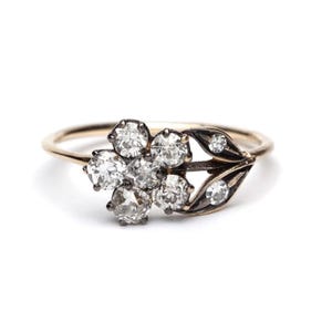 Antique Victorian Diamond Flower Engagement Ring, 925 Sterling Silver Yellow Gold Plated Wedding Ring, Vintage Floral Cluster Ring for Women