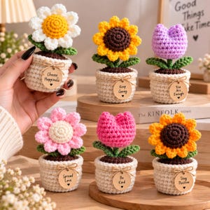 Könnte beinhalten: Sechs gehäkelte Topfblumen in verschiedenen Farben wie Weiß, Gelb, Lila und Pink. Jeder beige Topf hat ein rundes Holzschild mit Aufschriften wie Choose Happiness, Keep Going, You Are Enough, Spread Love, Be Kind und Stay Positive.