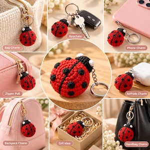 May include: A round, crocheted ladybird charm featuring a vibrant red body with black spots, a black head, and white accents. The charm is attached to a silver-toned metal keyring and chain, shown in various uses as a bag, phone, and zip pull accessory.