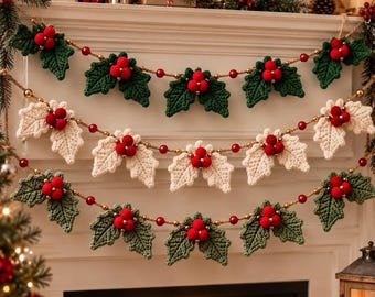 May include: A three-tiered garland featuring crocheted holly leaves in dark green, light green, and cream. Each leaf cluster is accented with three small red felt berries. The pieces are strung together on a twine cord with small red and gold beads.