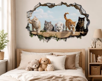 3D Cat Wall Decal, Five Cats Broken Wall Sticker, Kids Room Nursery Decor, Animal Wall Art