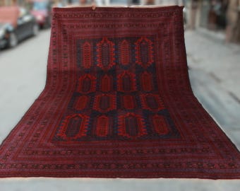 Vintage Afghan Baluchi Rug 12.6 x 8.6 ft, Hand Knotted Wool Dark Brown Red Geometric Diamond Lattice Tribal Area Carpet, Oversize Area Rug