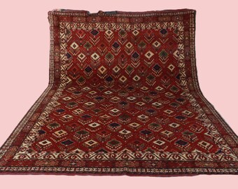 11.5x8.6 Ft Vintage Afghan Turkmen Bukhara Rug, Hand Knotted Wool Tribal Carpet, Red Geometric Gul Area Rug, Boho Home Decor Large Area Rug