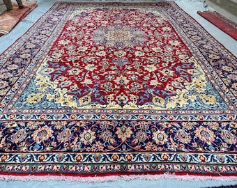 Large Vintage Turkish Floral Medallion Rug 16'3 × 10'3 Hand Knotted Wool Carpet Red Navy Blue Traditional Area Rug Elegant Living Room Decor