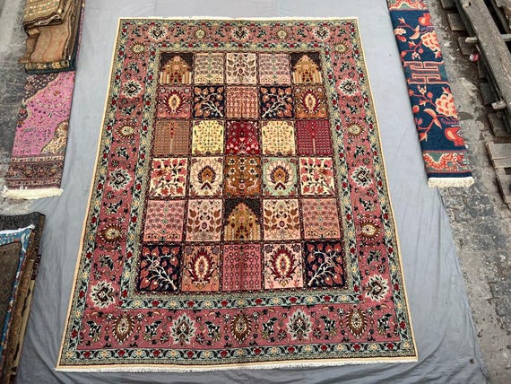 Vintage Afghan Bakhtiari Garden Panel Rug 12'4x9'5 Handmade Wool Khesti Area Rug Floral Patchwork Carpet Large Room Decor  (376 × 287 cm)